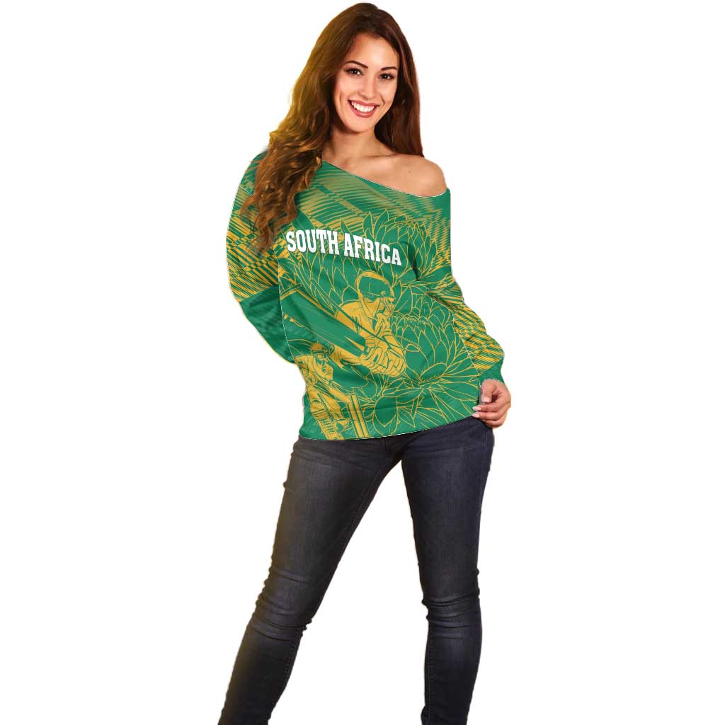 Custom Cricket South Africa Off Shoulder Sweater Proteas Go Champion Green Version - Wonder Print Shop