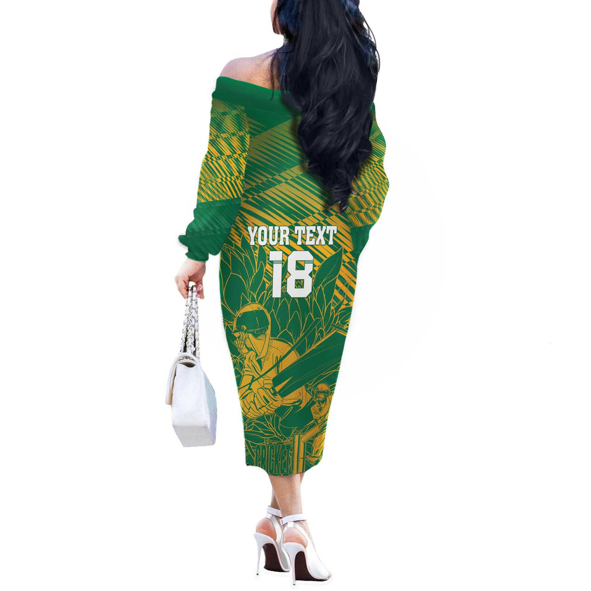 Custom Cricket South Africa Off The Shoulder Long Sleeve Dress Proteas Go Champion Green Version - Wonder Print Shop