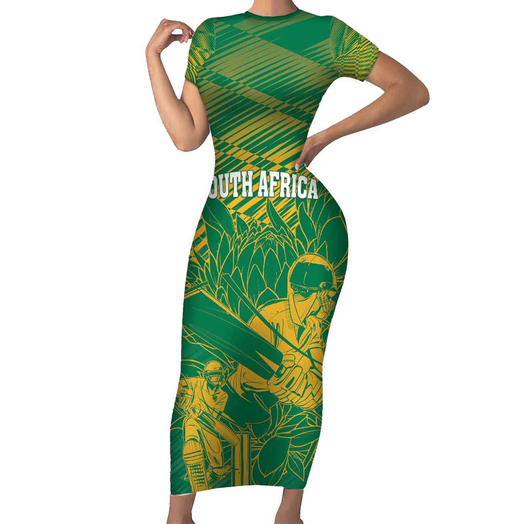 Custom Cricket South Africa Short Sleeve Bodycon Dress Proteas Go Champion Green Version - Wonder Print Shop