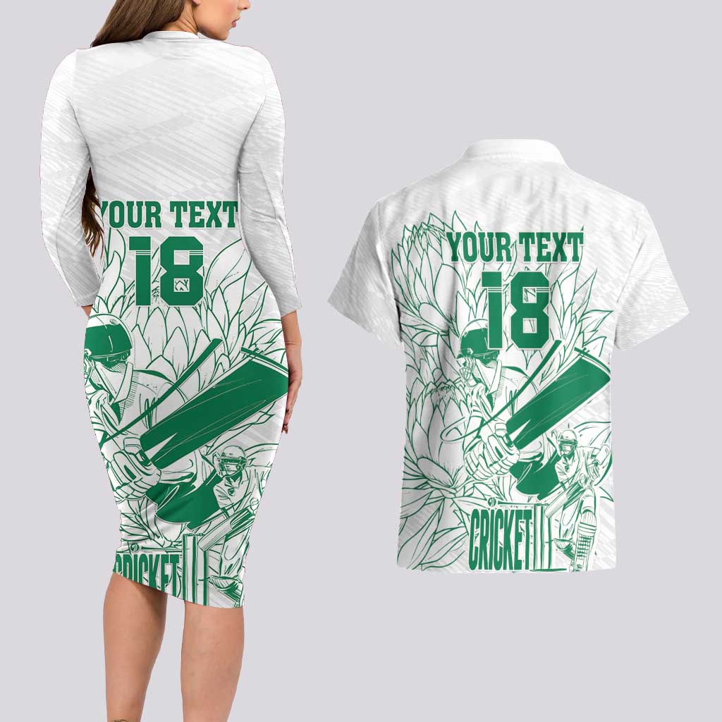 Custom Cricket South Africa Couples Matching Long Sleeve Bodycon Dress and Hawaiian Shirt Proteas Go Champion White Version - Wonder Print Shop