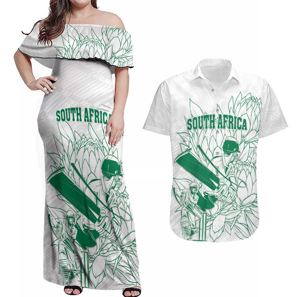 Custom Cricket South Africa Couples Matching Off Shoulder Maxi Dress and Hawaiian Shirt Proteas Go Champion White Version - Wonder Print Shop
