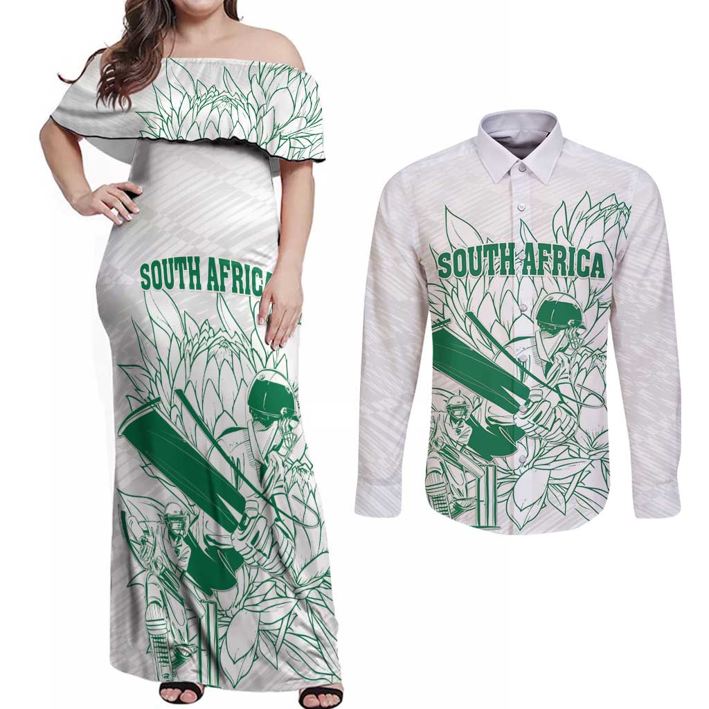 Custom Cricket South Africa Couples Matching Off Shoulder Maxi Dress and Long Sleeve Button Shirt Proteas Go Champion White Version - Wonder Print Shop