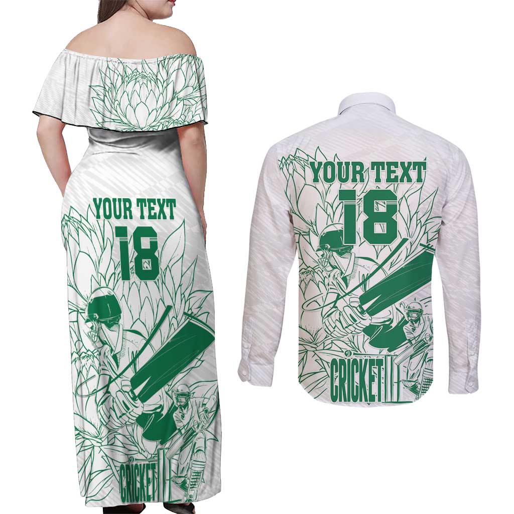 Custom Cricket South Africa Couples Matching Off Shoulder Maxi Dress and Long Sleeve Button Shirt Proteas Go Champion White Version - Wonder Print Shop