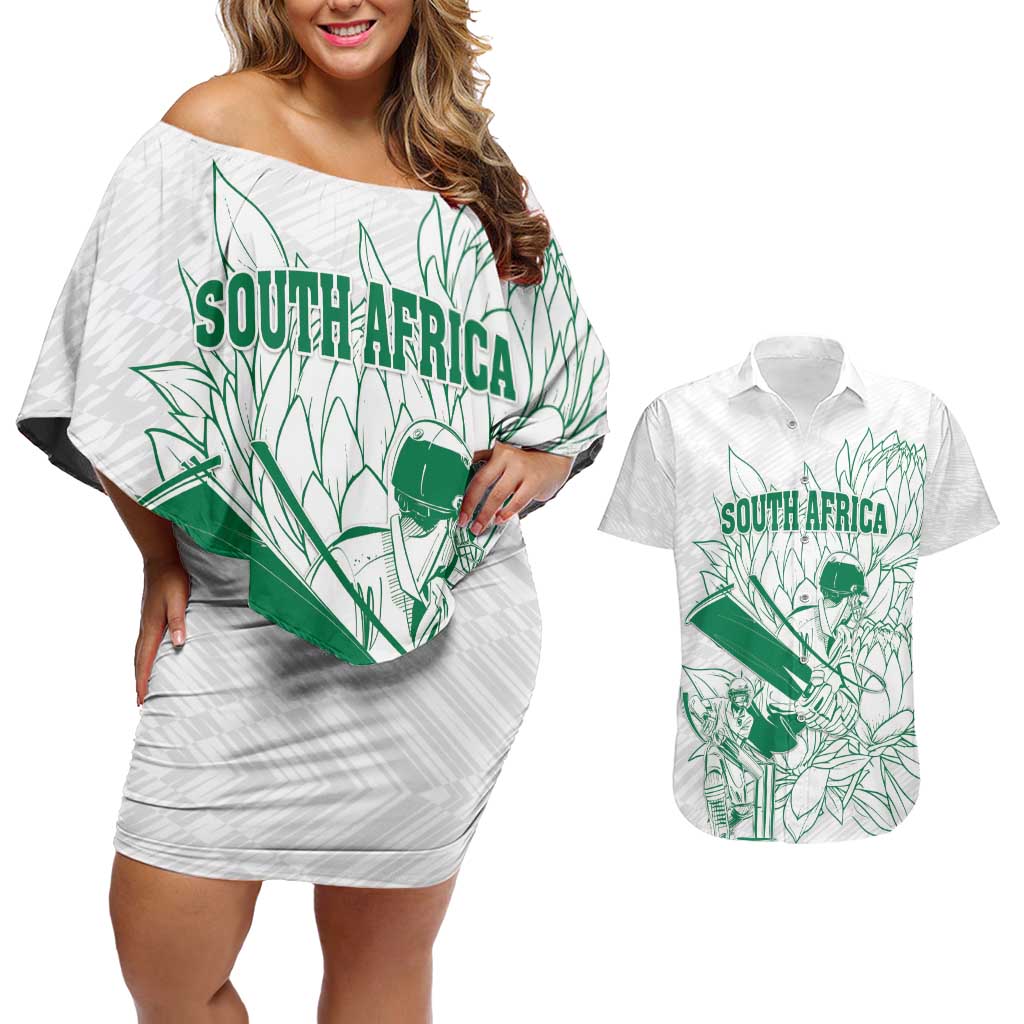 Custom Cricket South Africa Couples Matching Off Shoulder Short Dress and Hawaiian Shirt Proteas Go Champion White Version - Wonder Print Shop