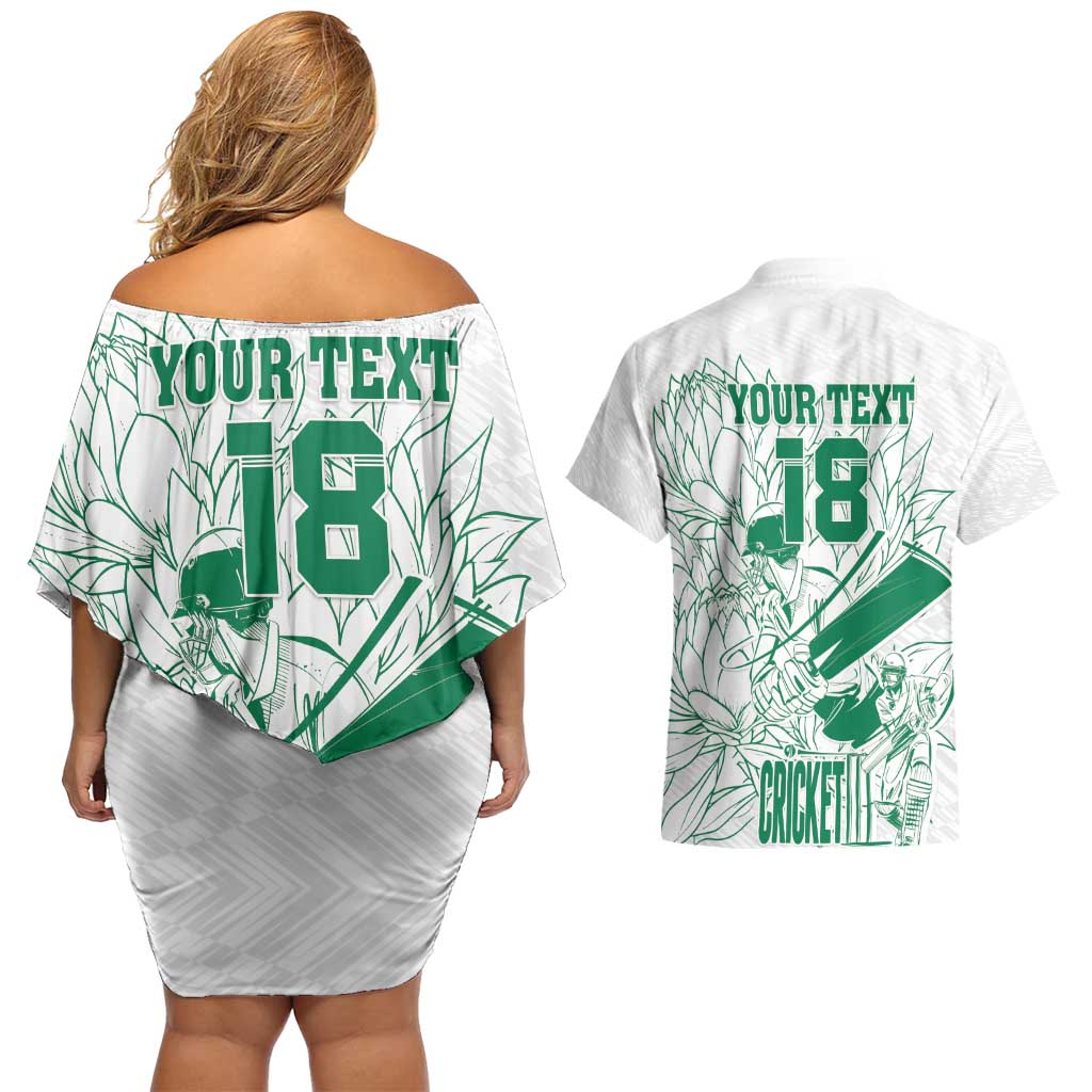 Custom Cricket South Africa Couples Matching Off Shoulder Short Dress and Hawaiian Shirt Proteas Go Champion White Version - Wonder Print Shop