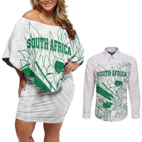 Custom Cricket South Africa Couples Matching Off Shoulder Short Dress and Long Sleeve Button Shirt Proteas Go Champion White Version - Wonder Print Shop