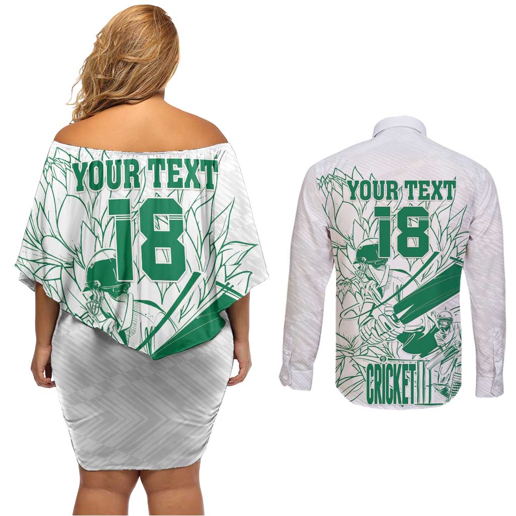 Custom Cricket South Africa Couples Matching Off Shoulder Short Dress and Long Sleeve Button Shirt Proteas Go Champion White Version - Wonder Print Shop