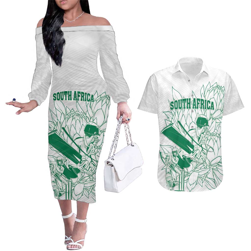 Custom Cricket South Africa Couples Matching Off The Shoulder Long Sleeve Dress and Hawaiian Shirt Proteas Go Champion White Version - Wonder Print Shop