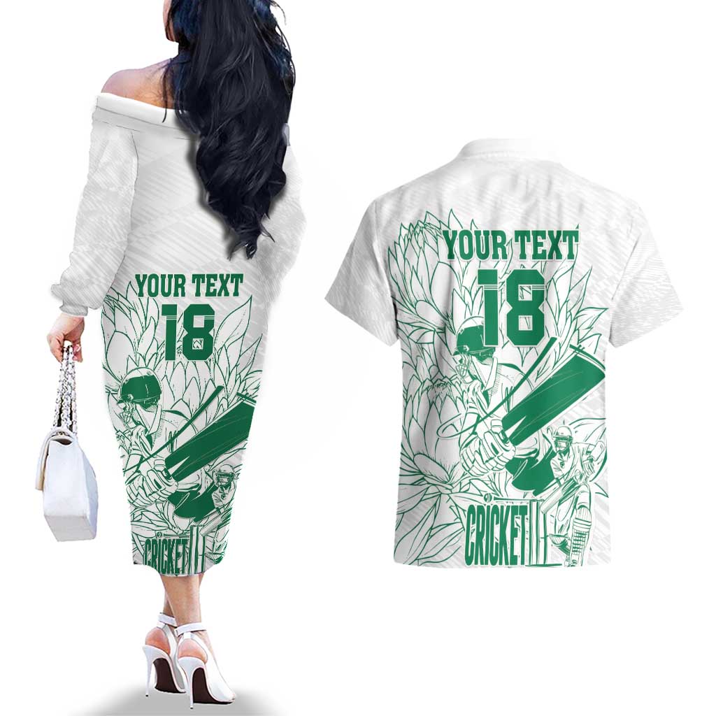 Custom Cricket South Africa Couples Matching Off The Shoulder Long Sleeve Dress and Hawaiian Shirt Proteas Go Champion White Version - Wonder Print Shop