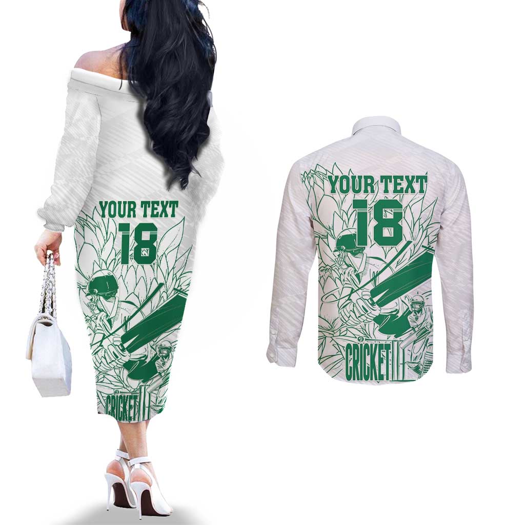 Custom Cricket South Africa Couples Matching Off The Shoulder Long Sleeve Dress and Long Sleeve Button Shirt Proteas Go Champion White Version - Wonder Print Shop