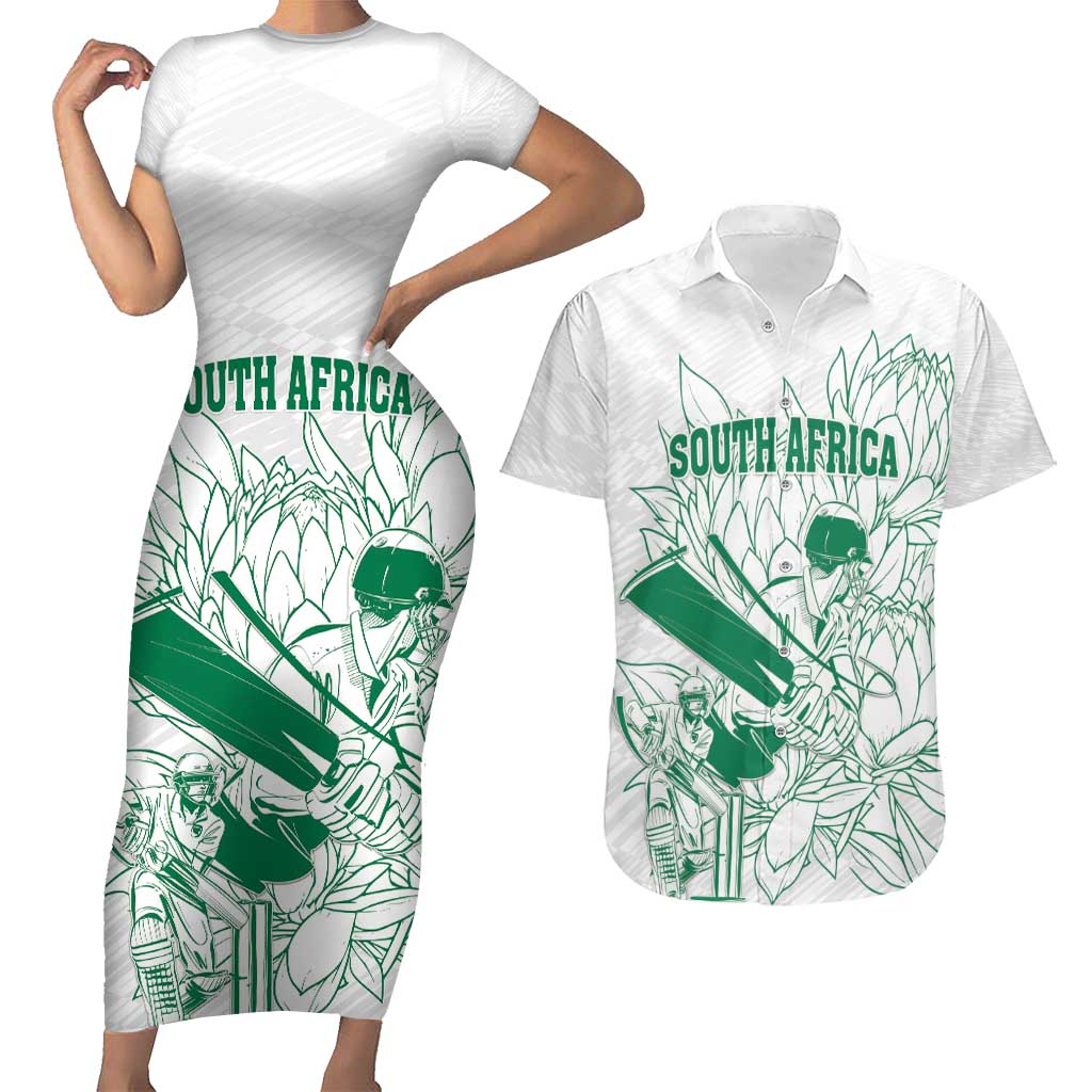 Custom Cricket South Africa Couples Matching Short Sleeve Bodycon Dress and Hawaiian Shirt Proteas Go Champion White Version - Wonder Print Shop