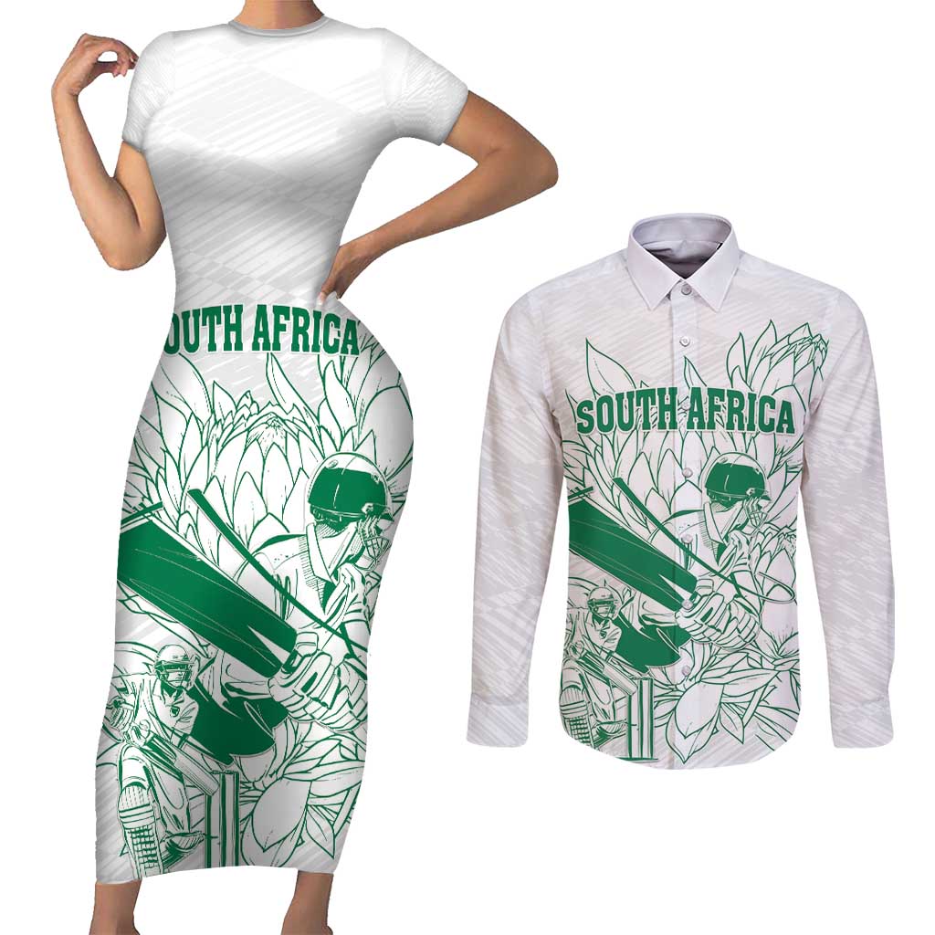 Custom Cricket South Africa Couples Matching Short Sleeve Bodycon Dress and Long Sleeve Button Shirt Proteas Go Champion White Version - Wonder Print Shop