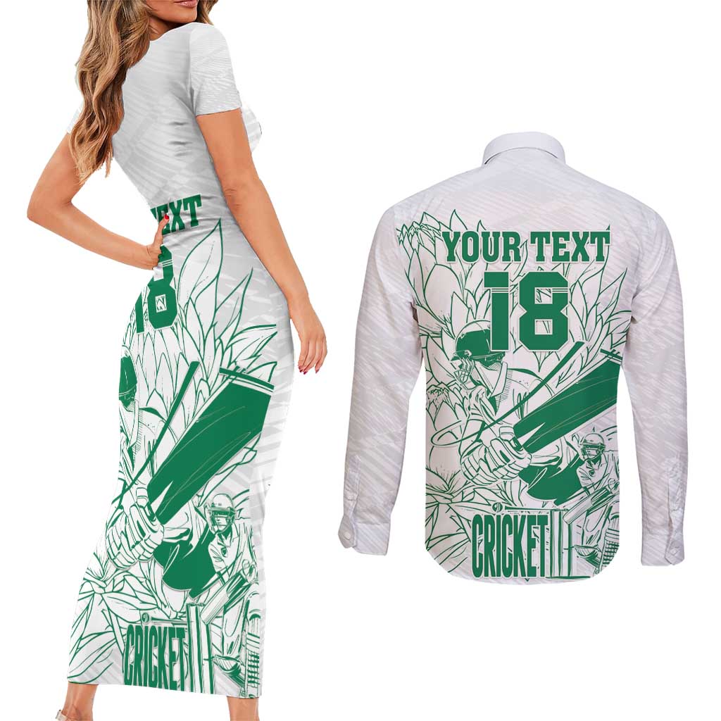 Custom Cricket South Africa Couples Matching Short Sleeve Bodycon Dress and Long Sleeve Button Shirt Proteas Go Champion White Version - Wonder Print Shop