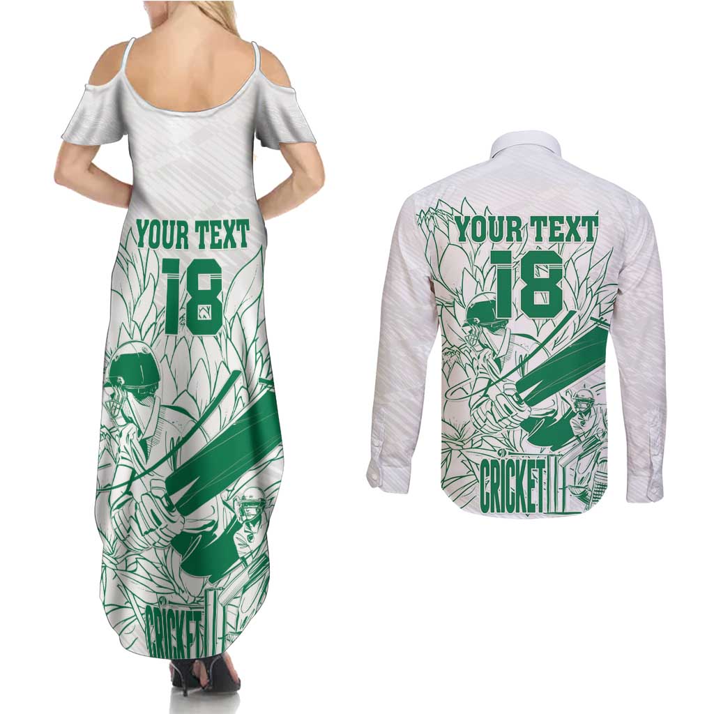 Custom Cricket South Africa Couples Matching Summer Maxi Dress and Long Sleeve Button Shirt Proteas Go Champion White Version - Wonder Print Shop