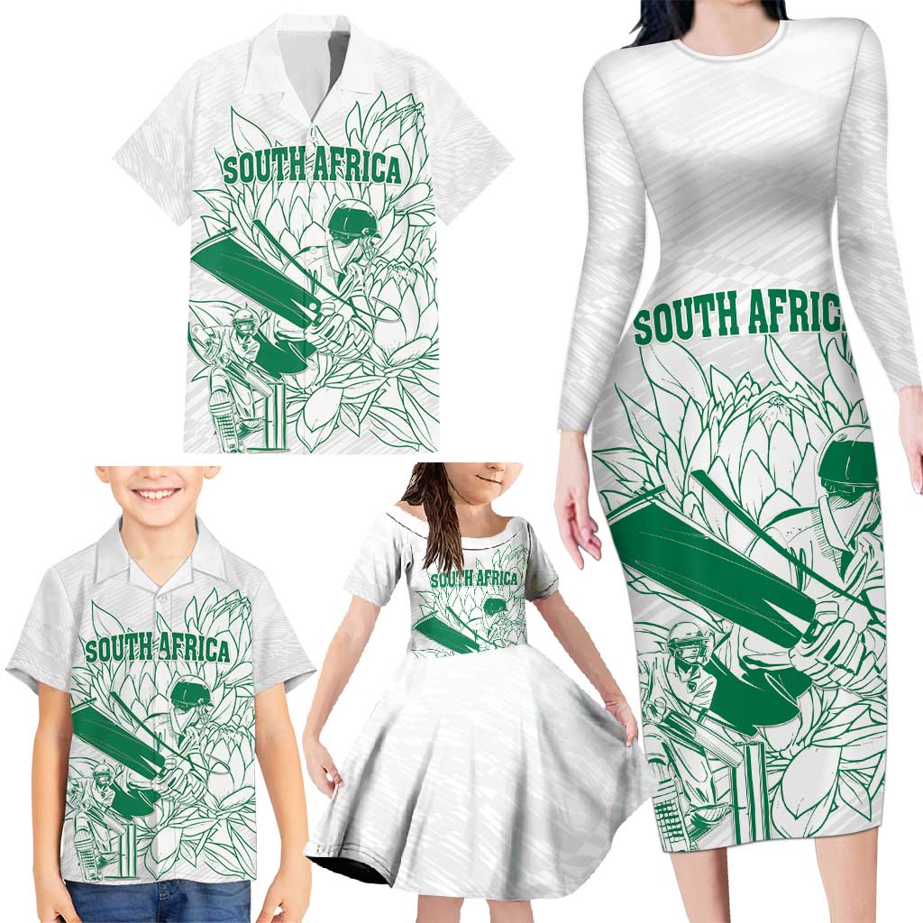 Custom Cricket South Africa Family Matching Long Sleeve Bodycon Dress and Hawaiian Shirt Proteas Go Champion White Version - Wonder Print Shop
