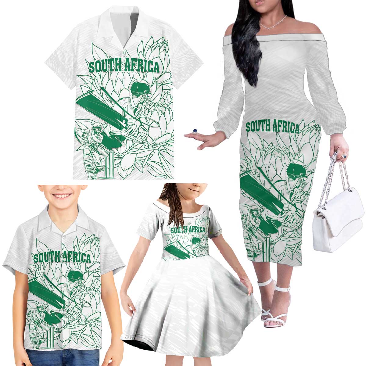 Custom Cricket South Africa Family Matching Off The Shoulder Long Sleeve Dress and Hawaiian Shirt Proteas Go Champion White Version - Wonder Print Shop
