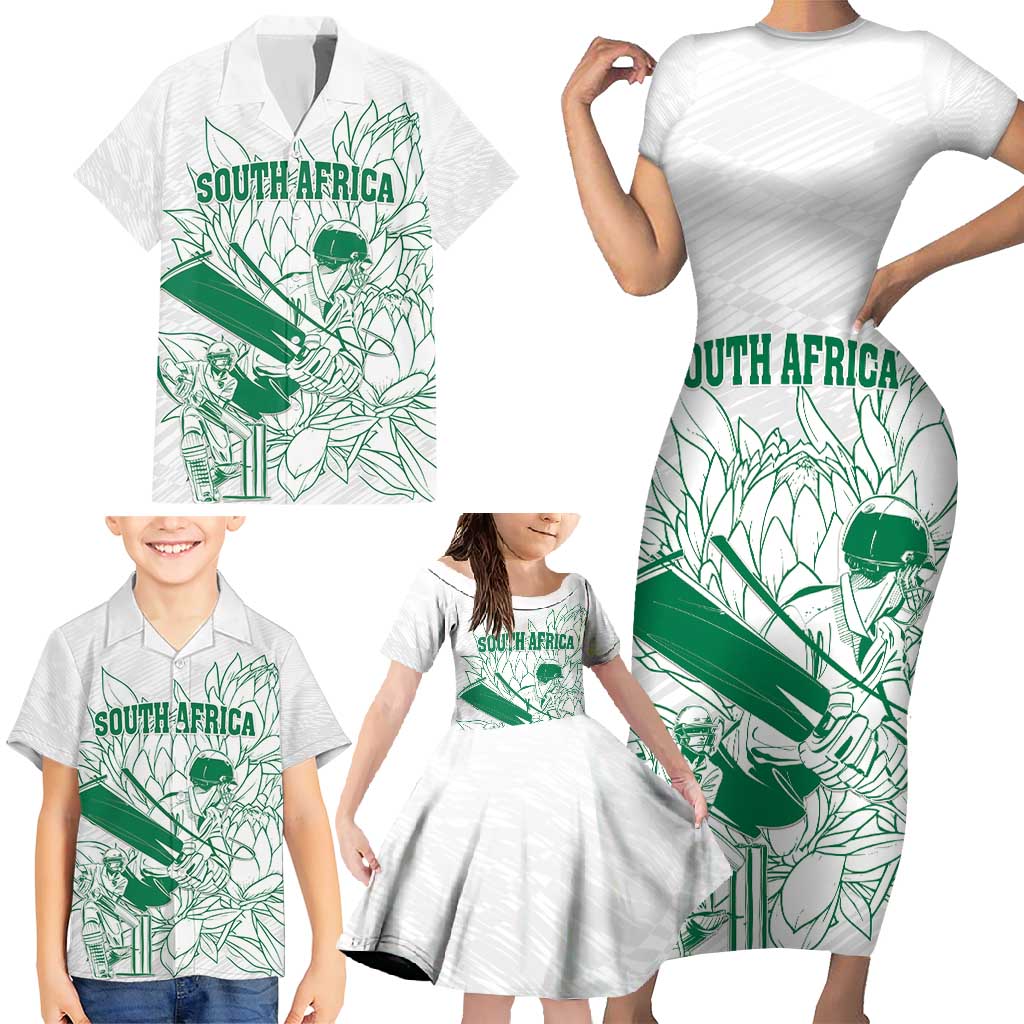 Custom Cricket South Africa Family Matching Short Sleeve Bodycon Dress and Hawaiian Shirt Proteas Go Champion White Version - Wonder Print Shop