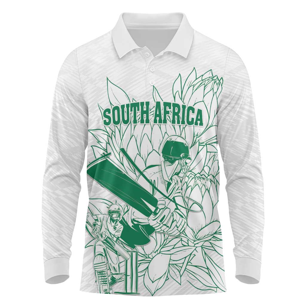 Custom Cricket South Africa Long Sleeve Polo Shirt Proteas Go Champion White Version - Wonder Print Shop