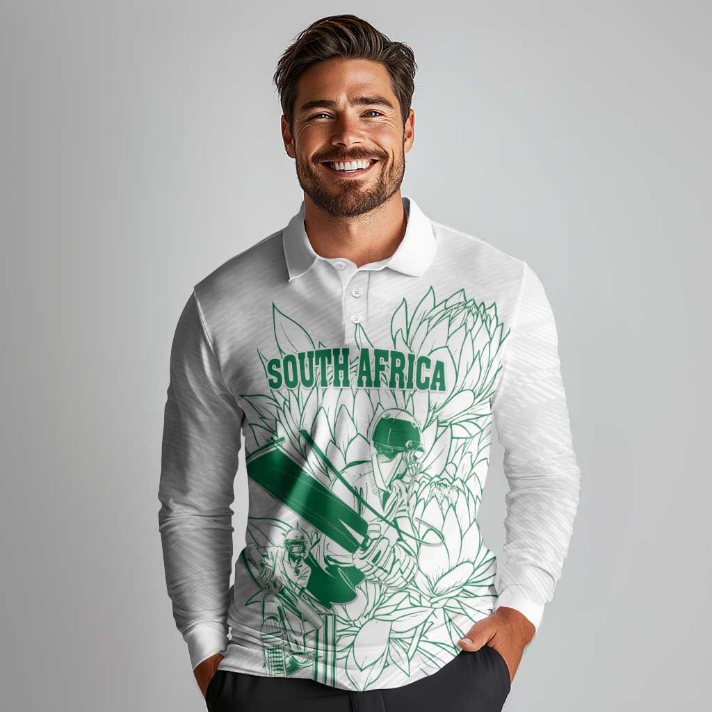 Custom Cricket South Africa Long Sleeve Polo Shirt Proteas Go Champion White Version - Wonder Print Shop