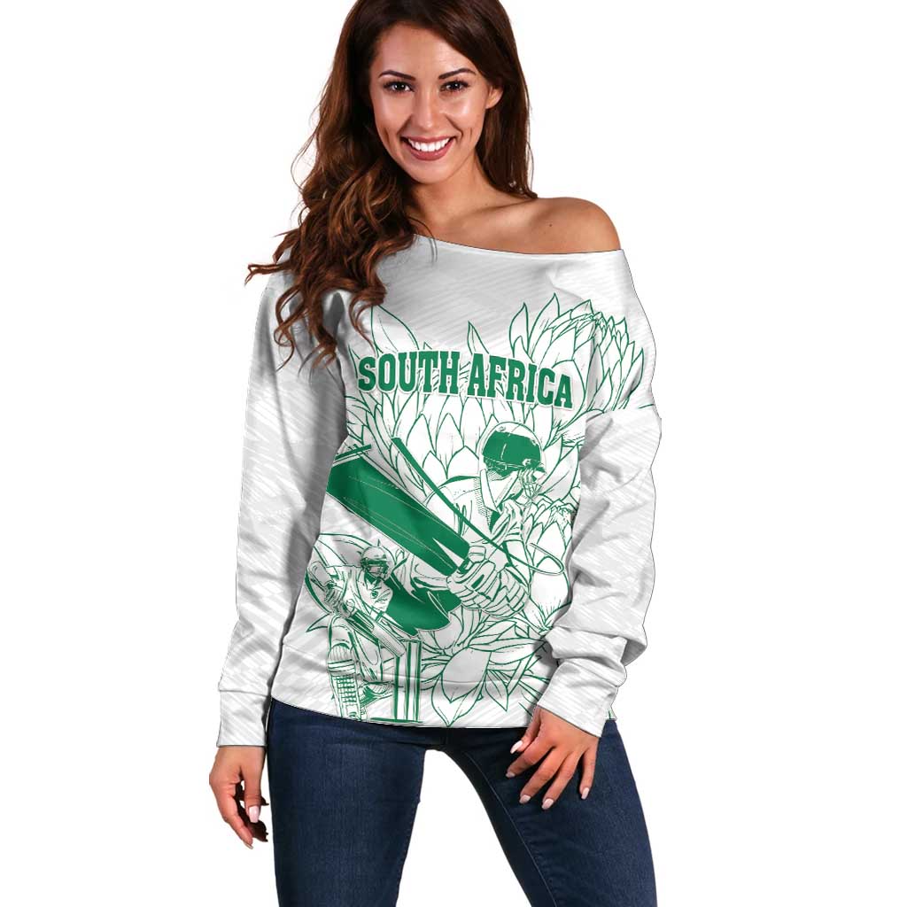 Custom Cricket South Africa Off Shoulder Sweater Proteas Go Champion White Version - Wonder Print Shop