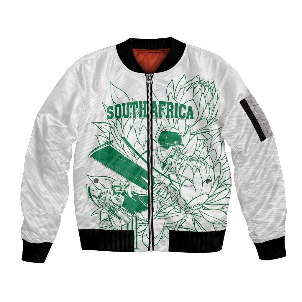 Custom Cricket South Africa Sleeve Zip Bomber Jacket Proteas Go Champion White Version - Wonder Print Shop