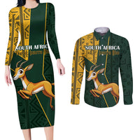Custom South Africa Springbok Jumping Couples Matching Long Sleeve Bodycon Dress and Long Sleeve Button Shirt With Kente Patterns - Wonder Print Shop
