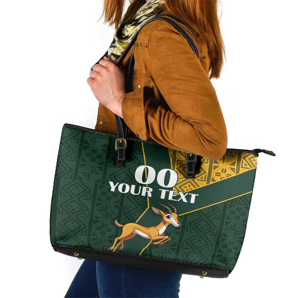 Custom South Africa Springbok Jumping Leather Tote Bag With Kente Patterns - Wonder Print Shop