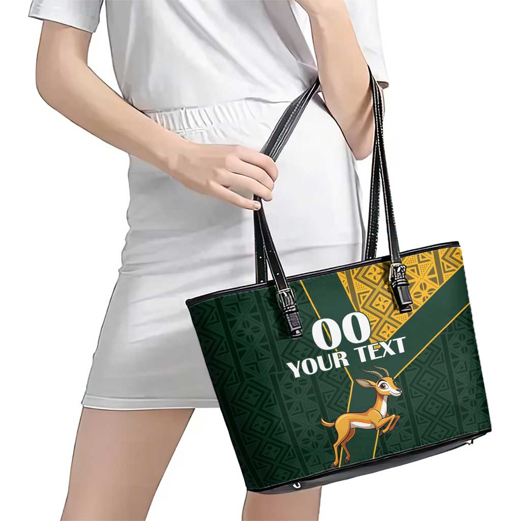 Custom South Africa Springbok Jumping Leather Tote Bag With Kente Patterns - Wonder Print Shop