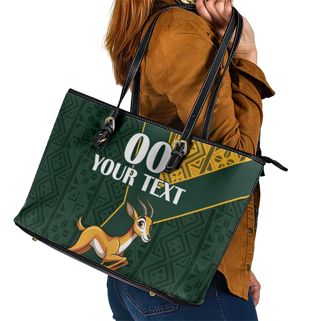 Custom South Africa Springbok Jumping Leather Tote Bag With Kente Patterns - Wonder Print Shop
