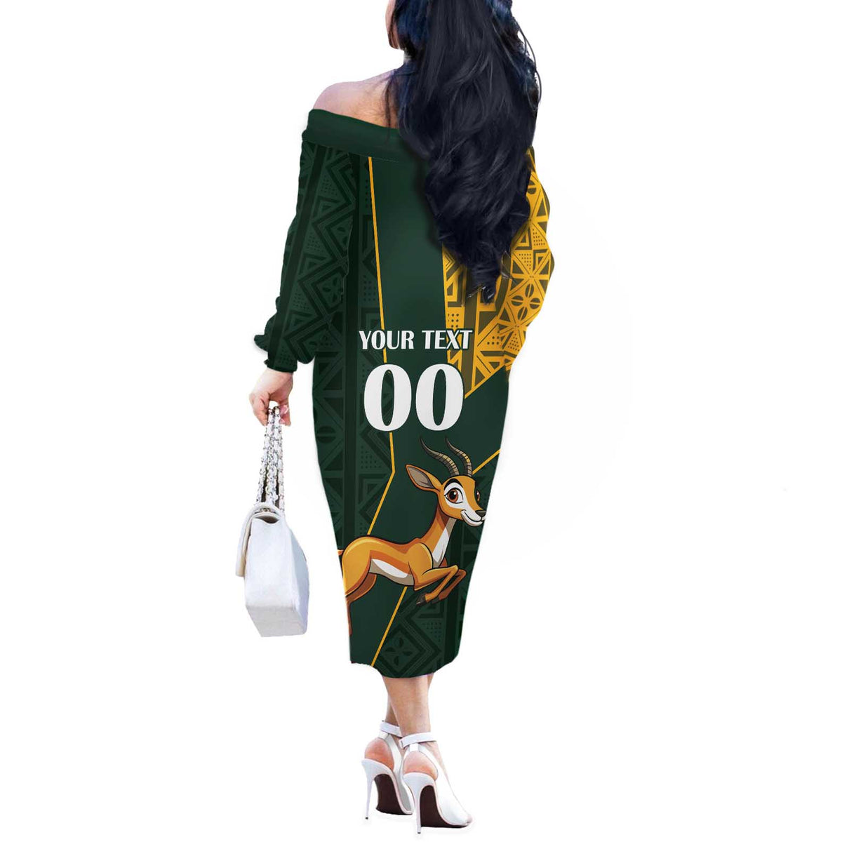 Custom South Africa Springbok Jumping Off The Shoulder Long Sleeve Dress With Kente Patterns - Wonder Print Shop