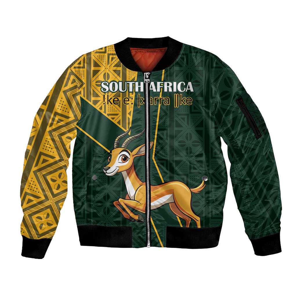 Custom South Africa Springbok Jumping Sleeve Zip Bomber Jacket With Kente Patterns - Wonder Print Shop