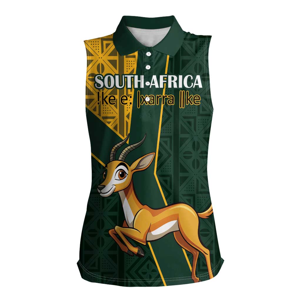 Custom South Africa Springbok Jumping Women Sleeveless Polo Shirt With Kente Patterns - Wonder Print Shop