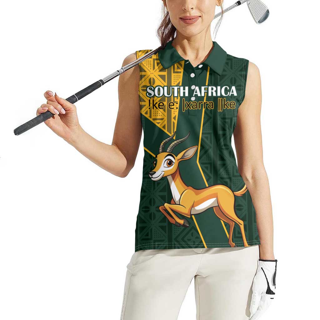 Custom South Africa Springbok Jumping Women Sleeveless Polo Shirt With Kente Patterns - Wonder Print Shop