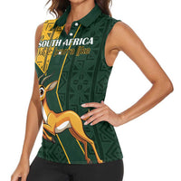 Custom South Africa Springbok Jumping Women Sleeveless Polo Shirt With Kente Patterns - Wonder Print Shop