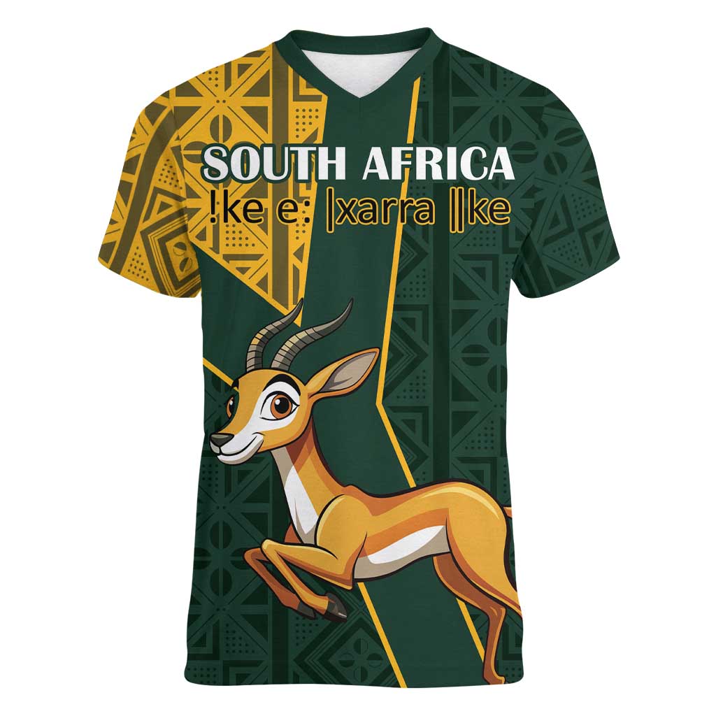 Custom South Africa Springbok Jumping Women V-Neck T-Shirt With Kente Patterns - Wonder Print Shop