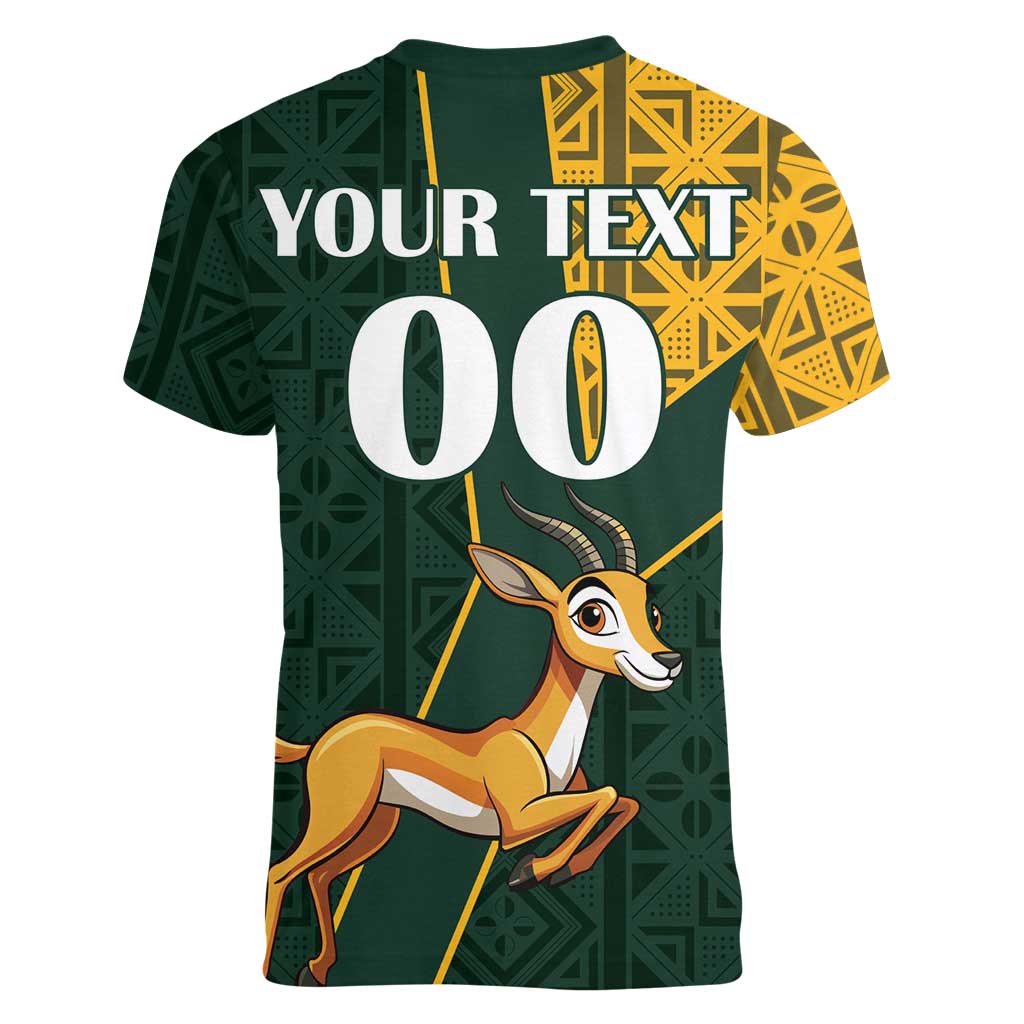 Custom South Africa Springbok Jumping Women V-Neck T-Shirt With Kente Patterns - Wonder Print Shop