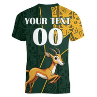 Custom South Africa Springbok Jumping Women V-Neck T-Shirt With Kente Patterns - Wonder Print Shop