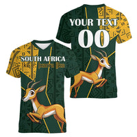 Custom South Africa Springbok Jumping Women V-Neck T-Shirt With Kente Patterns - Wonder Print Shop