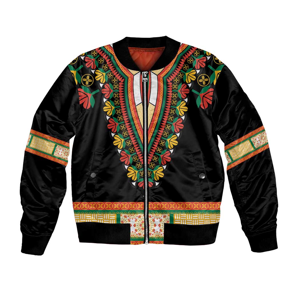 Africa Dashiki Bomber Jacket Embroidery Neckline Floral Pattern - Wonder Print Shop