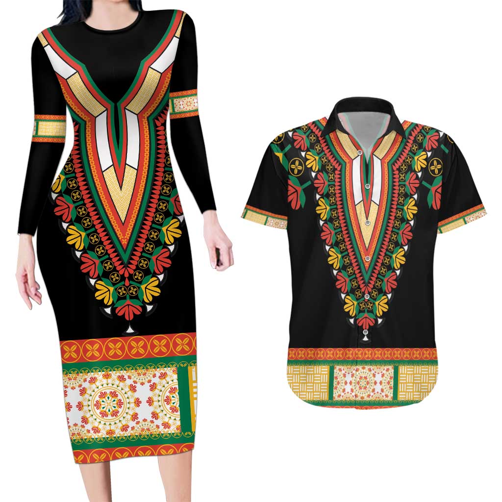 Africa Dashiki Couples Matching Long Sleeve Bodycon Dress and Hawaiian Shirt Embroidery Neckline Floral Pattern - Wonder Print Shop
