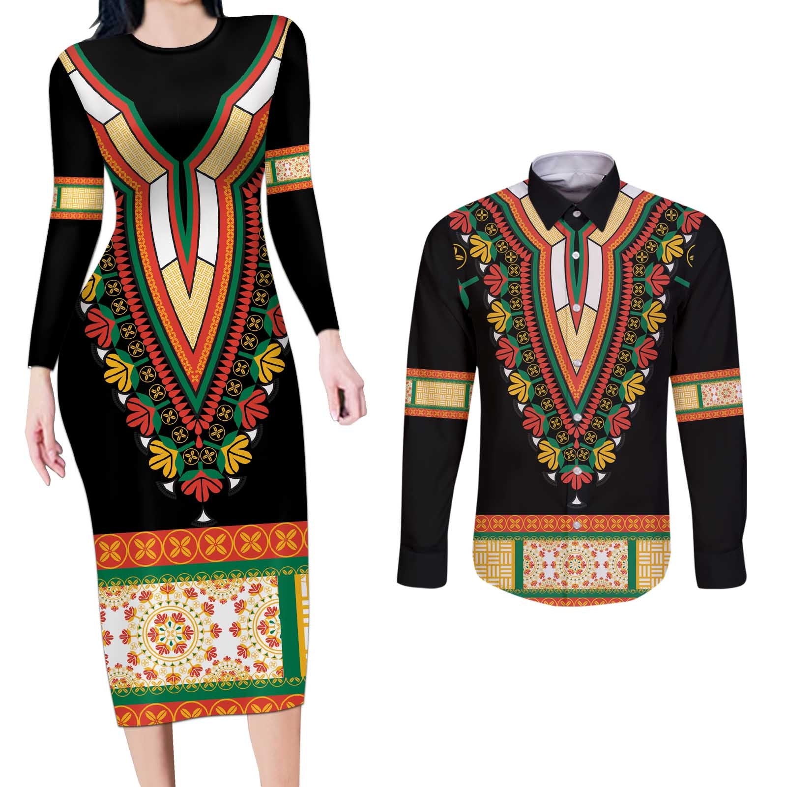Africa Dashiki Couples Matching Long Sleeve Bodycon Dress and Long Sleeve Button Shirt Embroidery Neckline Floral Pattern - Wonder Print Shop