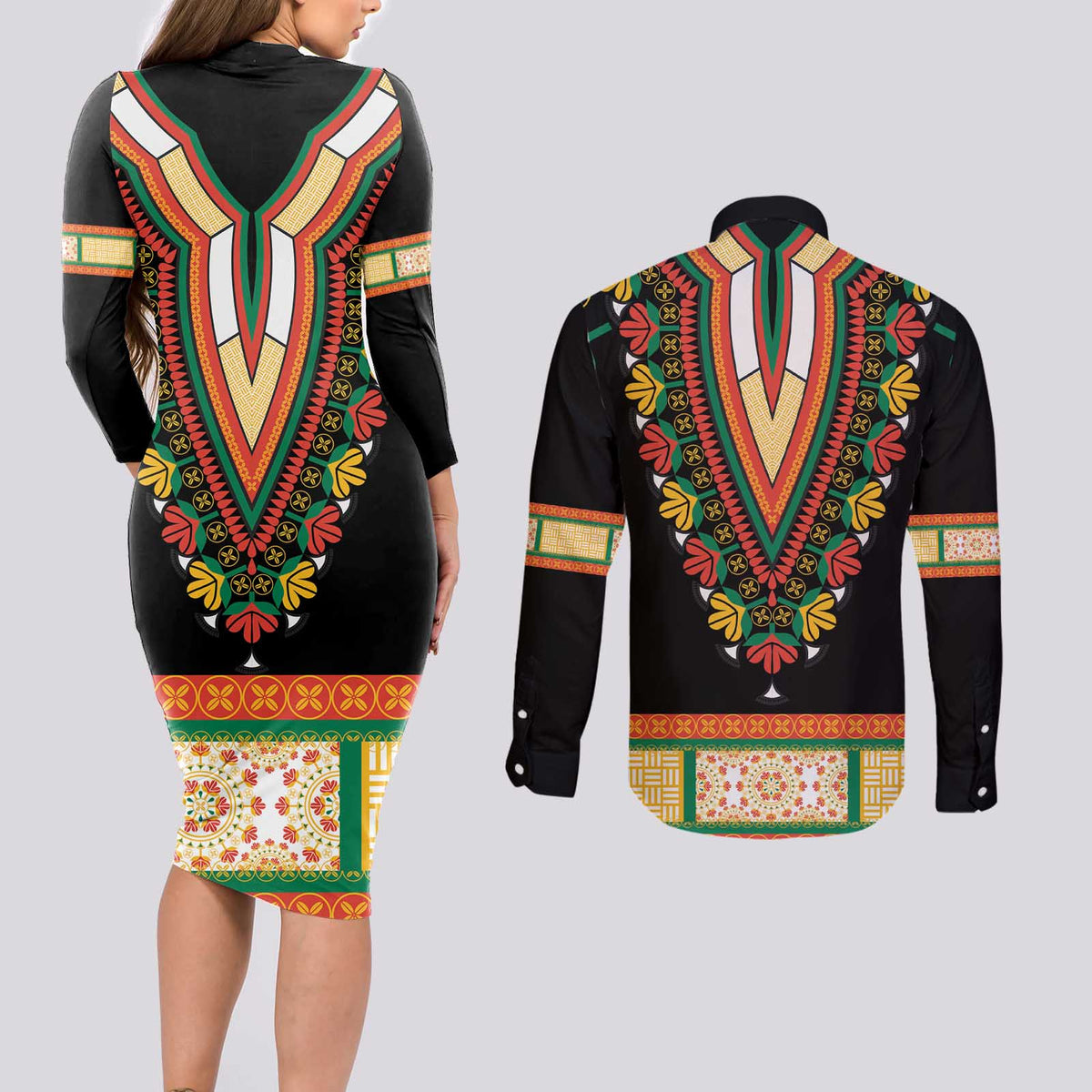 Africa Dashiki Couples Matching Long Sleeve Bodycon Dress and Long Sleeve Button Shirt Embroidery Neckline Floral Pattern - Wonder Print Shop
