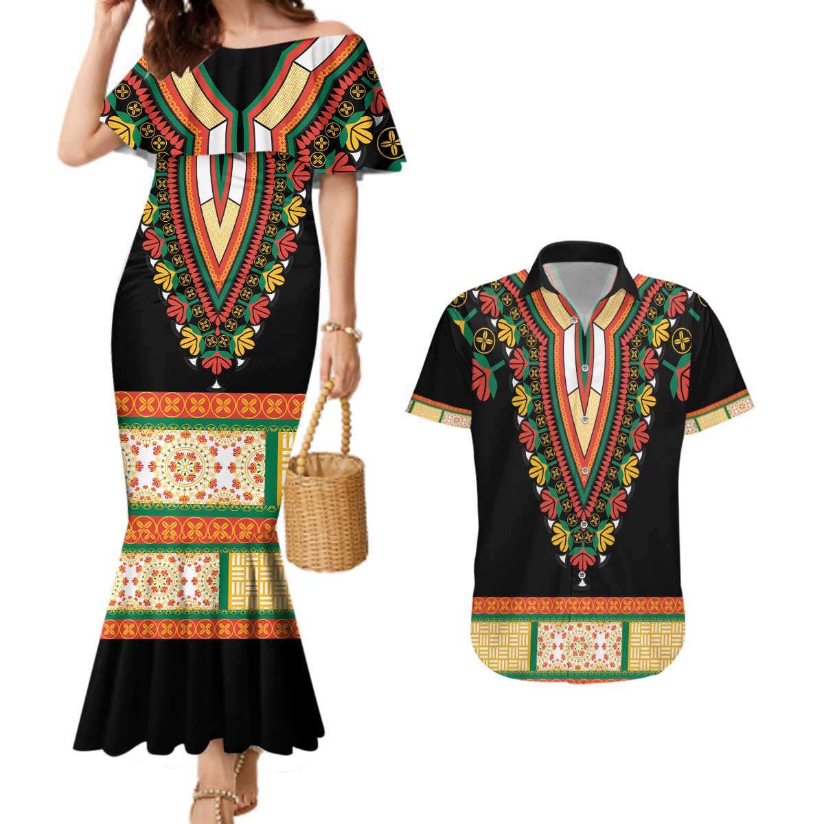 Africa Dashiki Couples Matching Mermaid Dress and Hawaiian Shirt Embroidery Neckline Floral Pattern - Wonder Print Shop