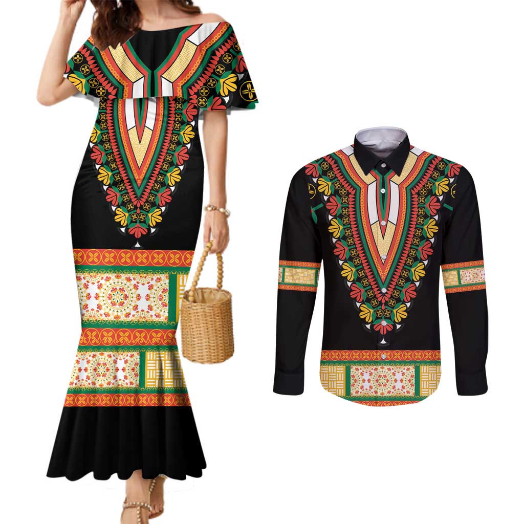 Africa Dashiki Couples Matching Mermaid Dress and Long Sleeve Button Shirt Embroidery Neckline Floral Pattern