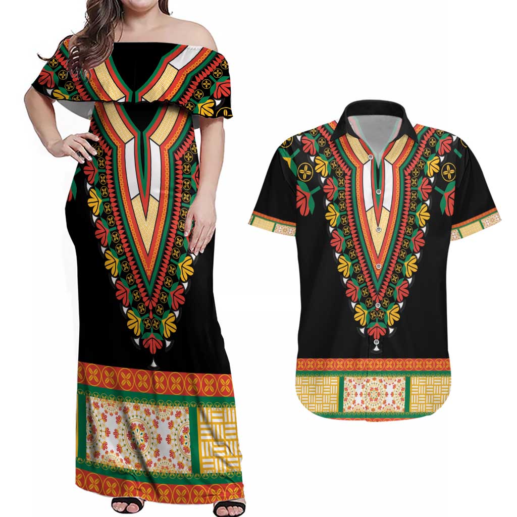 Africa Dashiki Couples Matching Off Shoulder Maxi Dress and Hawaiian Shirt Embroidery Neckline Floral Pattern - Wonder Print Shop
