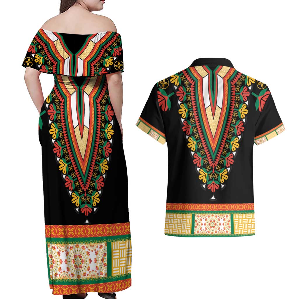 Africa Dashiki Couples Matching Off Shoulder Maxi Dress and Hawaiian Shirt Embroidery Neckline Floral Pattern - Wonder Print Shop