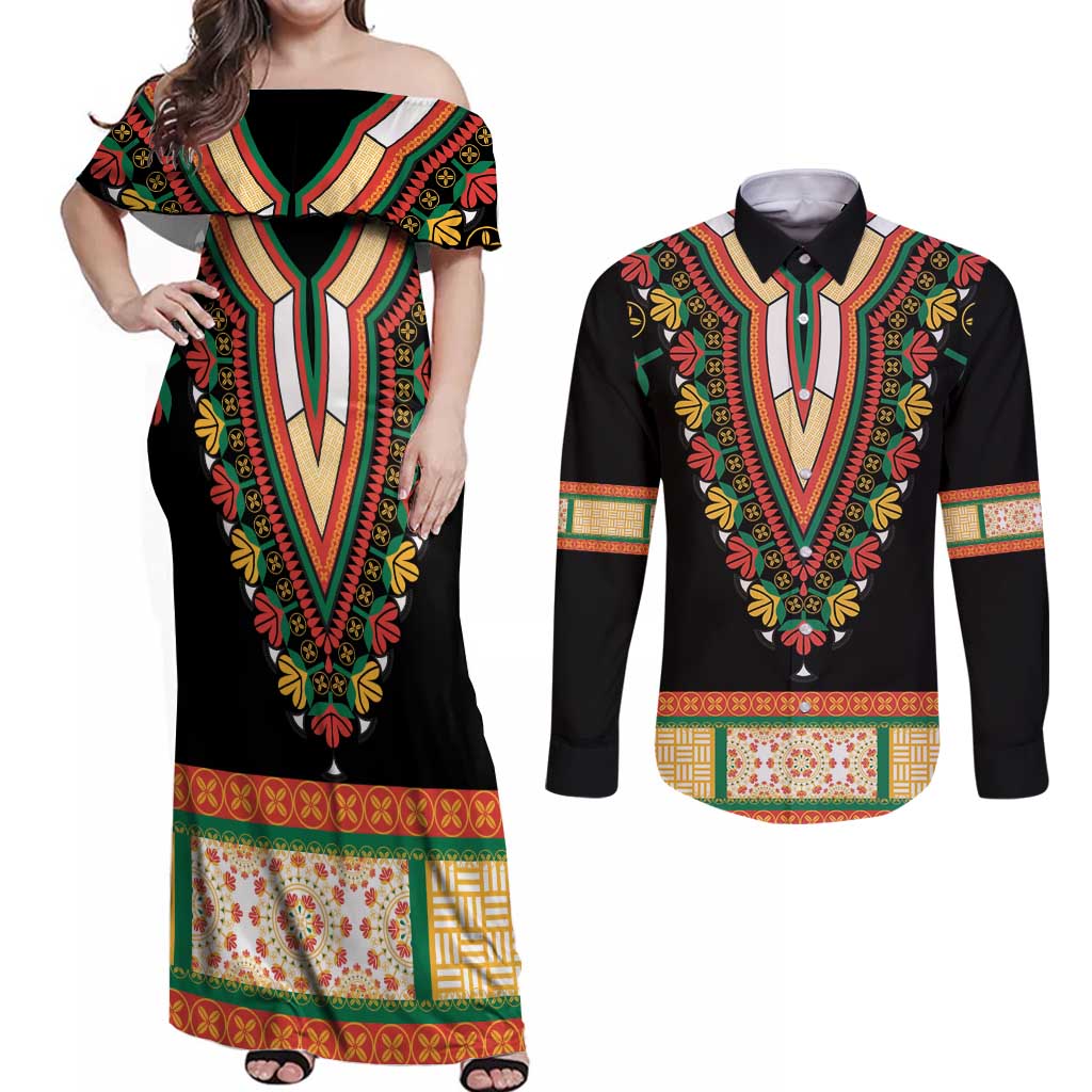 Africa Dashiki Couples Matching Off Shoulder Maxi Dress and Long Sleeve Button Shirt Embroidery Neckline Floral Pattern - Wonder Print Shop