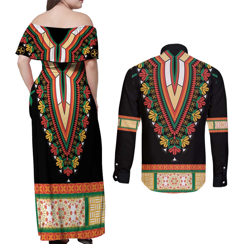 Africa Dashiki Couples Matching Off Shoulder Maxi Dress and Long Sleeve Button Shirt Embroidery Neckline Floral Pattern - Wonder Print Shop