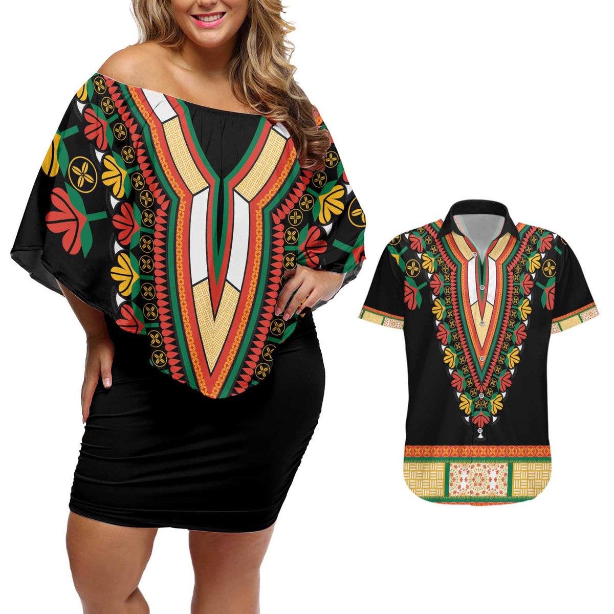 Africa Dashiki Couples Matching Off Shoulder Short Dress and Hawaiian Shirt Embroidery Neckline Floral Pattern - Wonder Print Shop