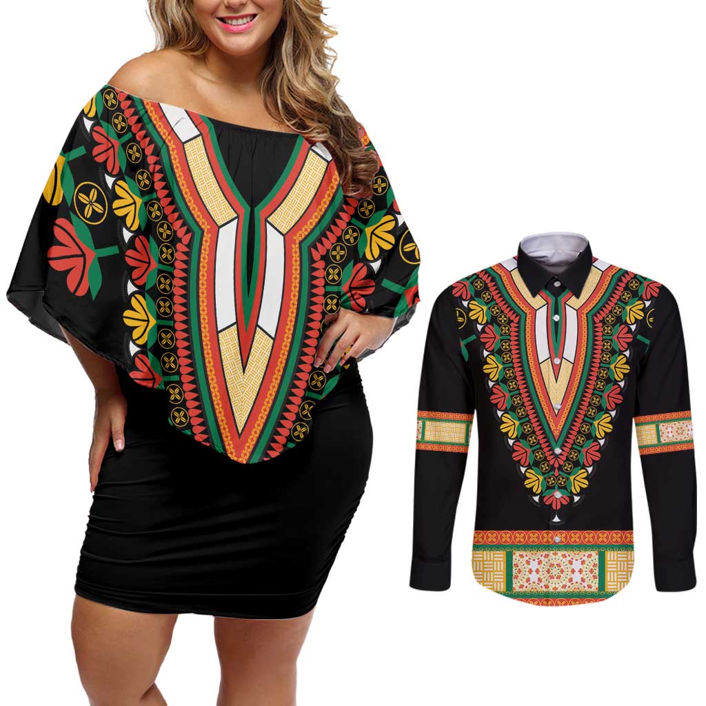 Africa Dashiki Couples Matching Off Shoulder Short Dress and Long Sleeve Button Shirt Embroidery Neckline Floral Pattern - Wonder Print Shop